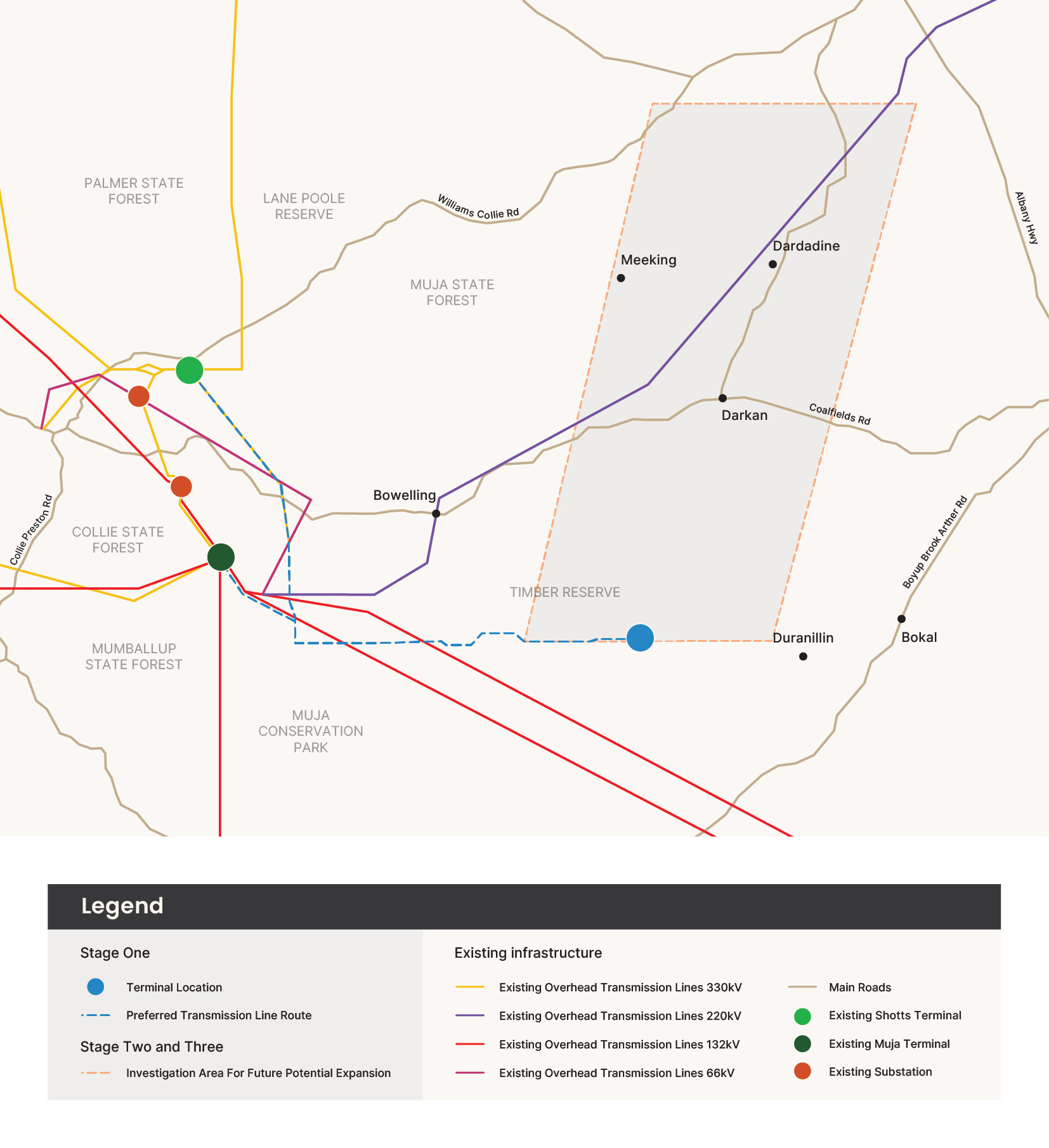 Stage One proposes a new terminal site and preferred transmission line route. Stage Two and Three scope is not defined and is seen in the investigation area for future potential expansion