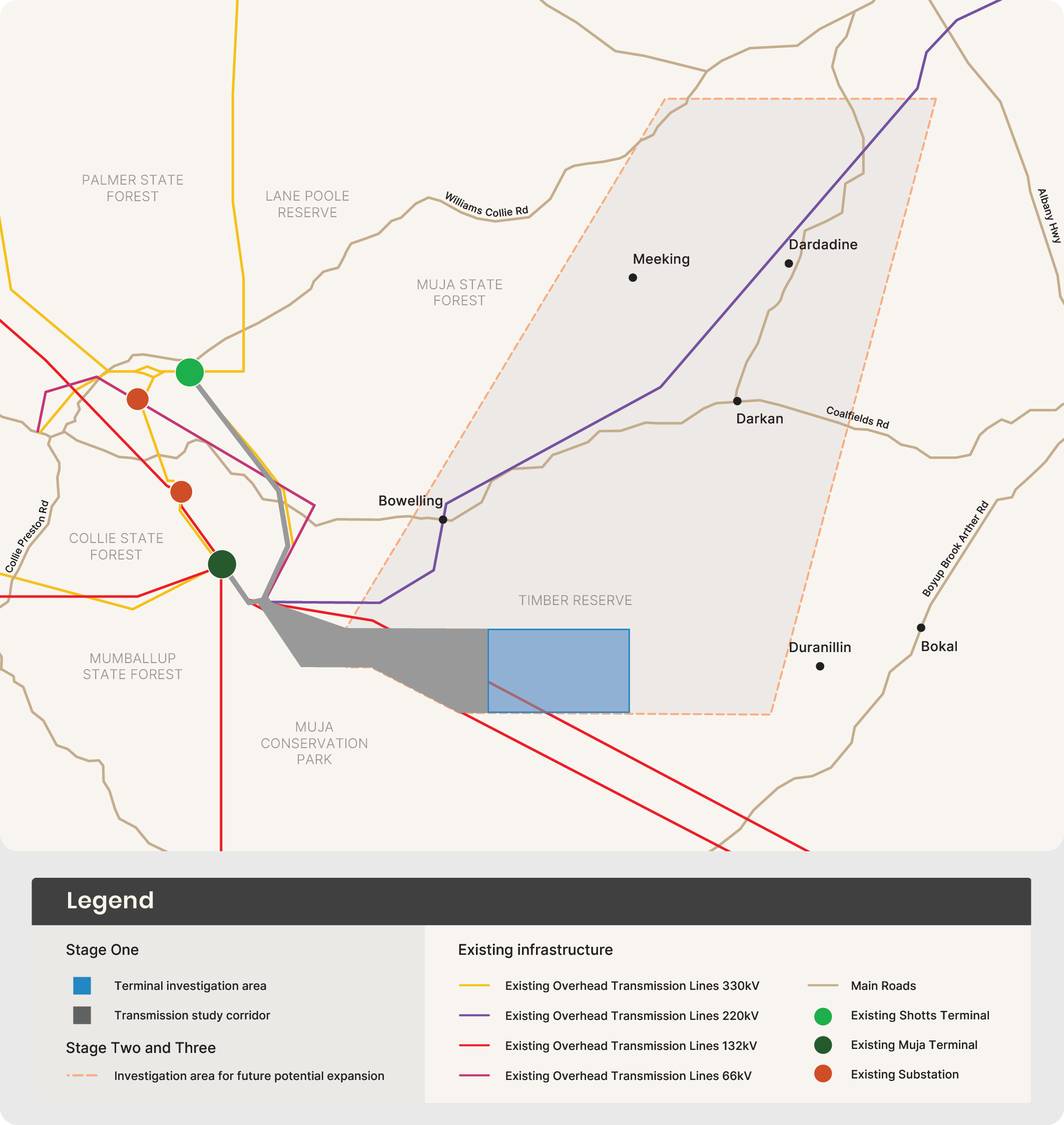 Stage One includes a terminal investigation area and transmission study corridor. Stage Two and Three scope is not defined and is seen in the investigation area for future potential expansion